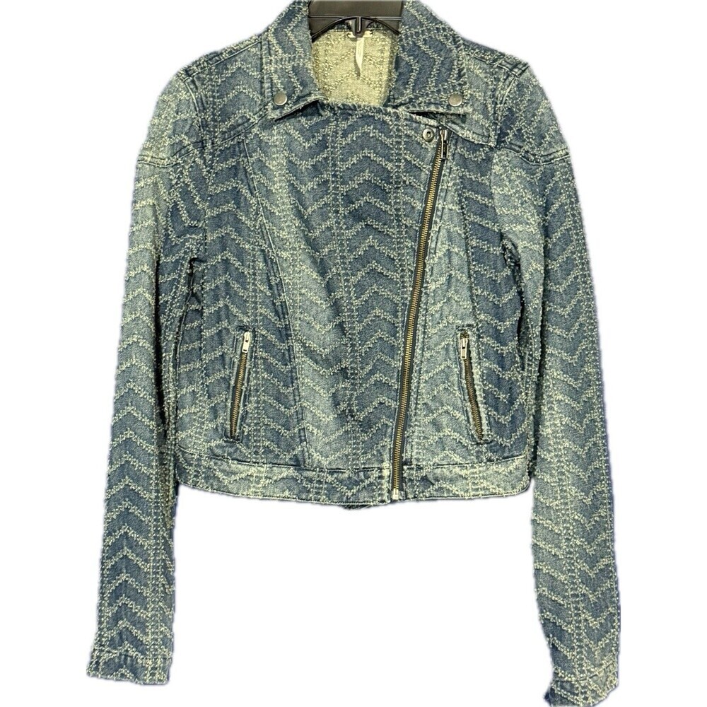 Free People Denim Jacket Jean Size 2 Western Trucker Textured Unique Moto